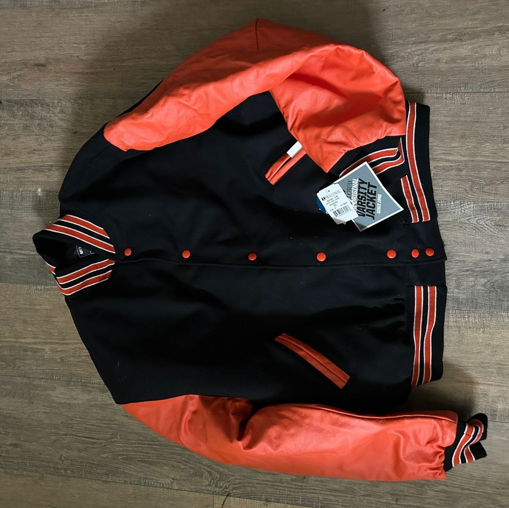 Holloway 224183 Varsity (Wool, Leather Sleeves)-Bk Burnt Orange. Men's 2XL. NWT
